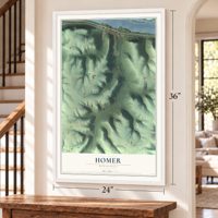 Homer, Minnesota map, 24 x 36 inch print in a white frame by a staircase