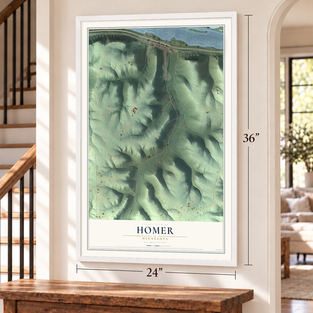Homer, Minnesota map, 24 x 36 inch print in a white frame by a staircase