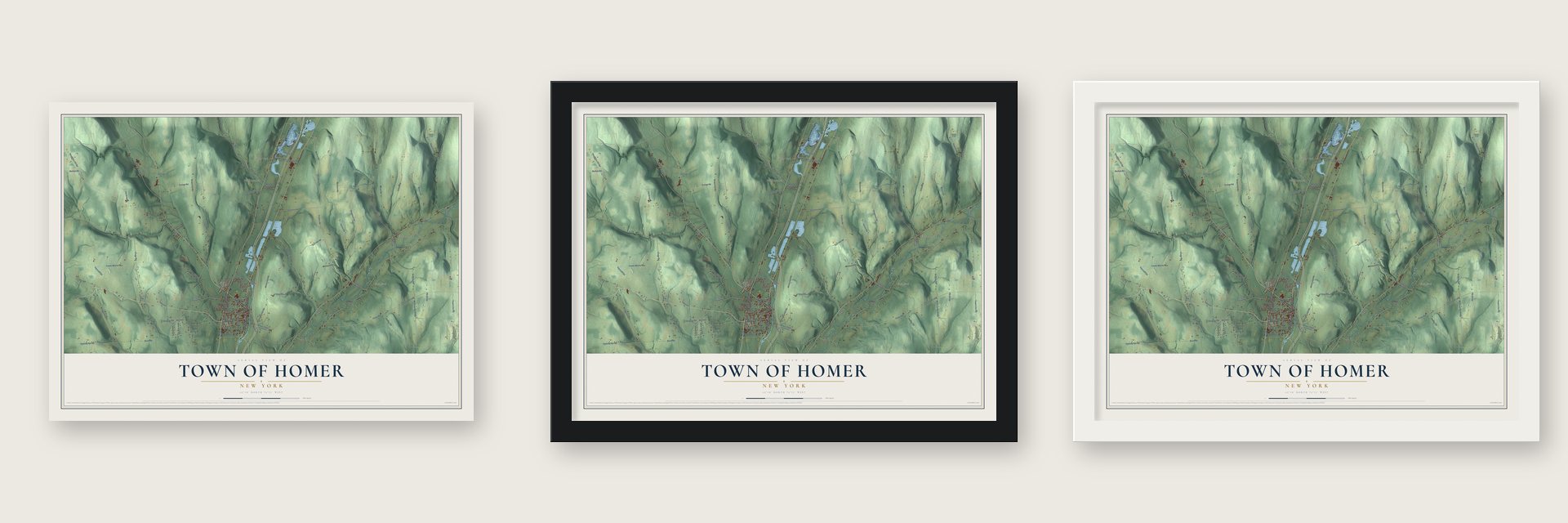 Town of Homer, New York map unframed, in a black wood frame and in a white wood frame