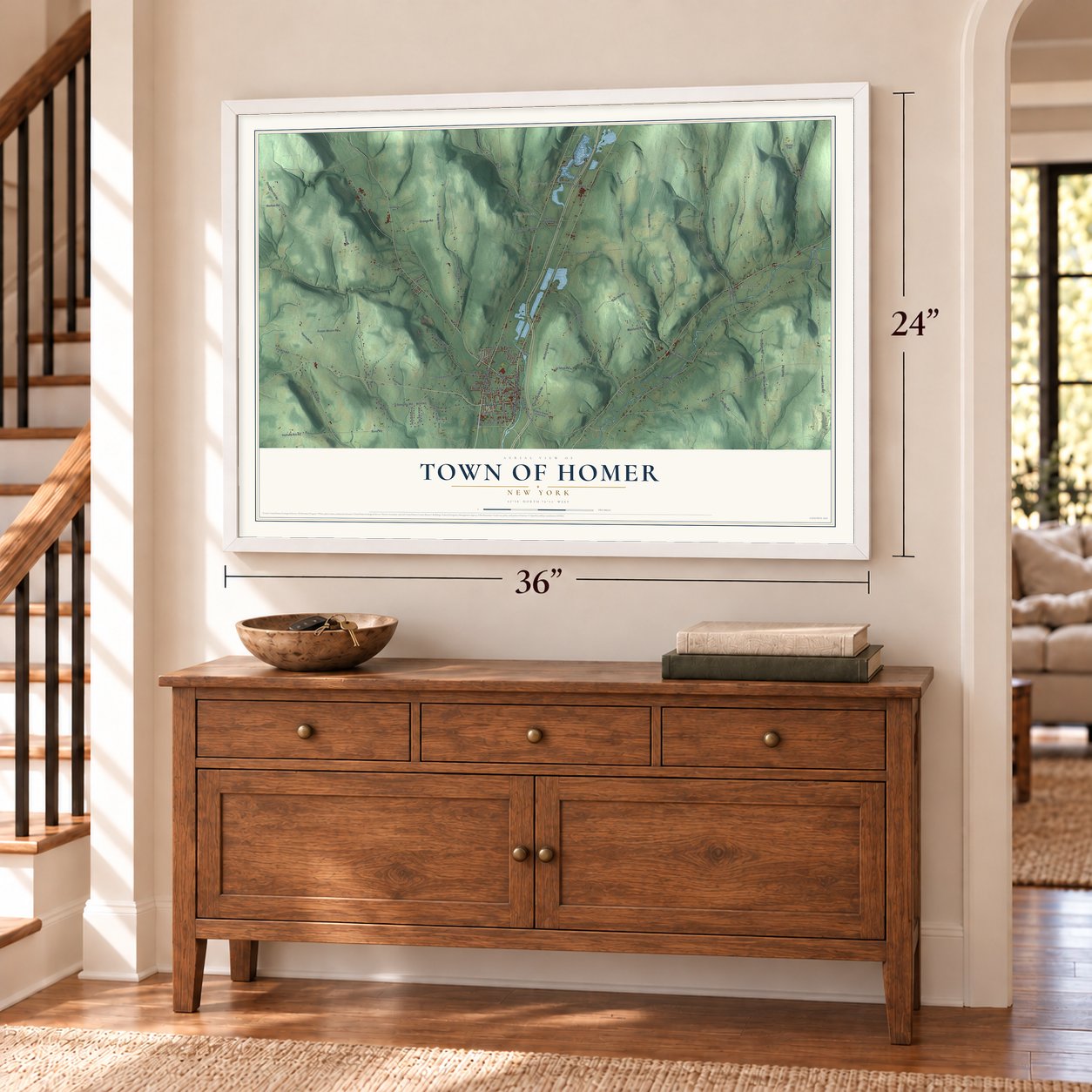 Town of Homer, New York map, 24 x 36 inch print in a white frame above a dresser by a staircase