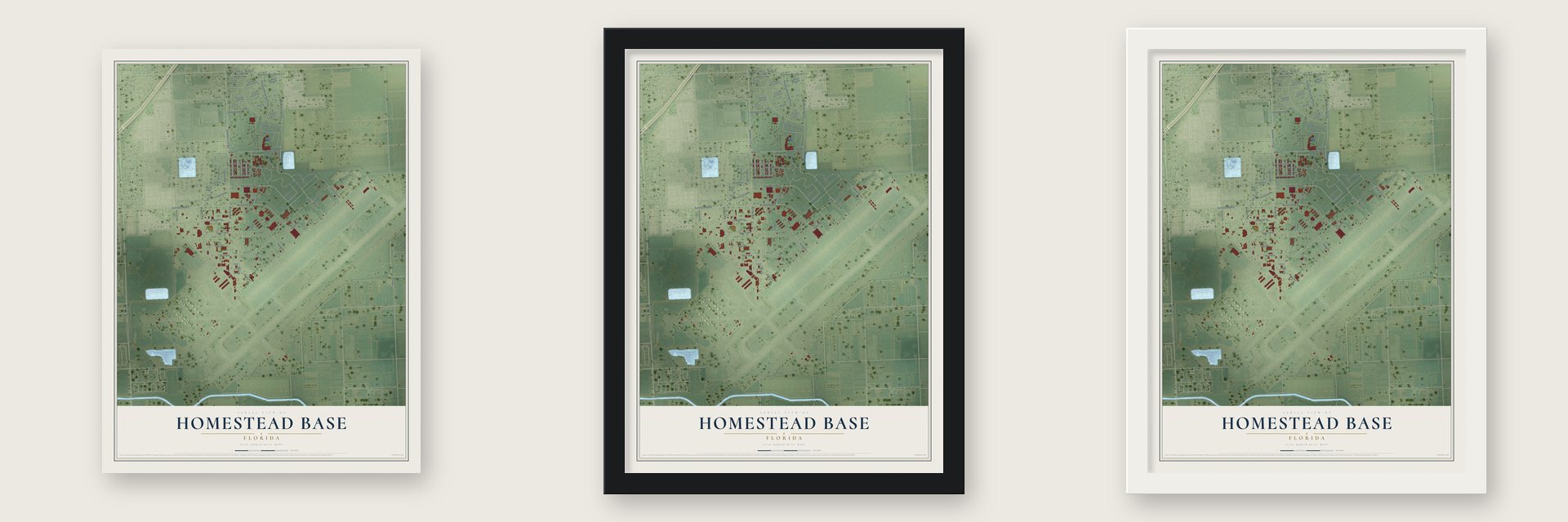 Homestead Base, Florida map unframed, in a black wood frame and in a white wood frame