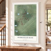 Homestead Base, Florida map, 24 x 36 inch print in a white frame by a staircase