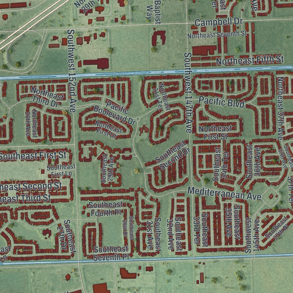 Second close-up of the map of Homestead, Florida print showing more streets and buildings