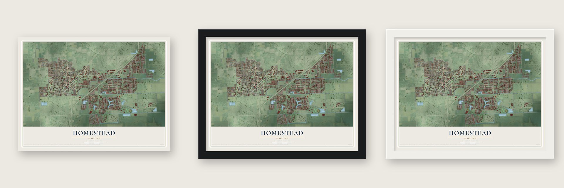 Homestead, Florida map unframed, in a black wood frame and in a white wood frame