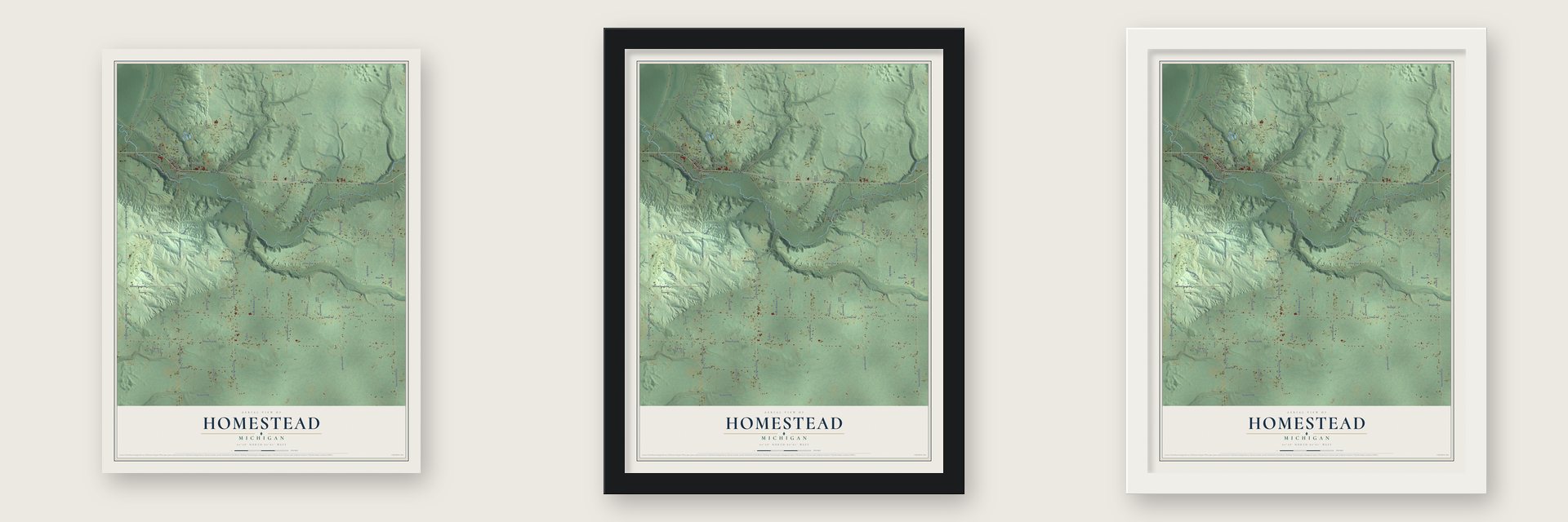 Homestead, Michigan map unframed, in a black wood frame and in a white wood frame