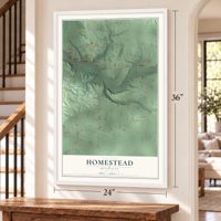 Homestead, Michigan map, 24 x 36 inch print in a white frame by a staircase