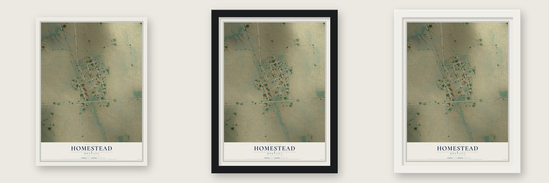 Homestead, Montana map unframed, in a black wood frame and in a white wood frame