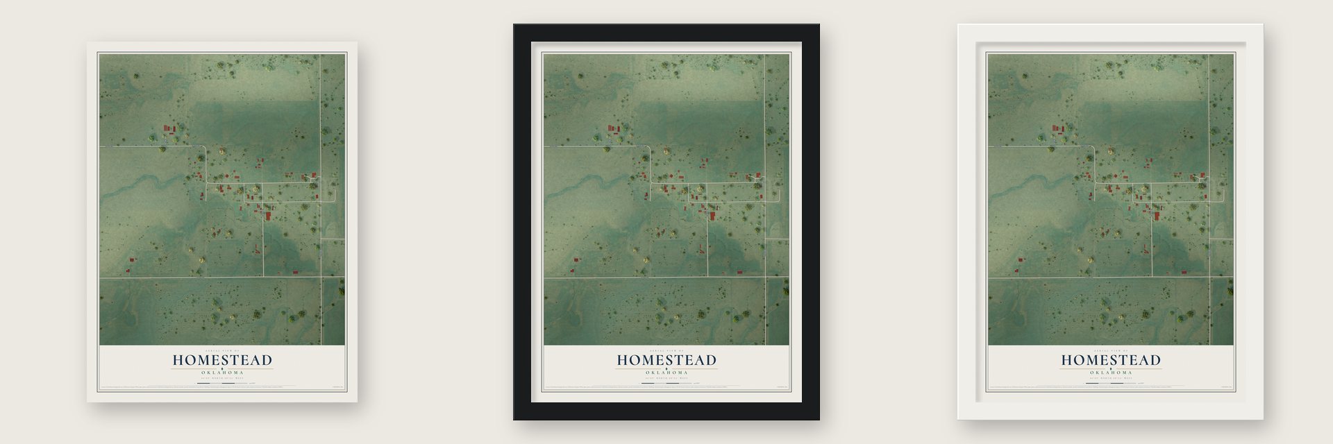 Homestead, Oklahoma map unframed, in a black wood frame and in a white wood frame