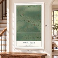 Homestead, Oklahoma map, 24 x 36 inch print in a white frame by a staircase