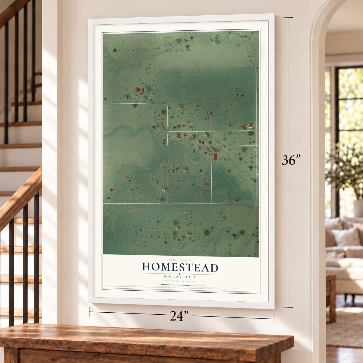 Homestead, Oklahoma map, 24 x 36 inch print in a white frame by a staircase
