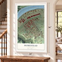 Homestead, Pennsylvania map, 24 x 36 inch print in a white frame by a staircase
