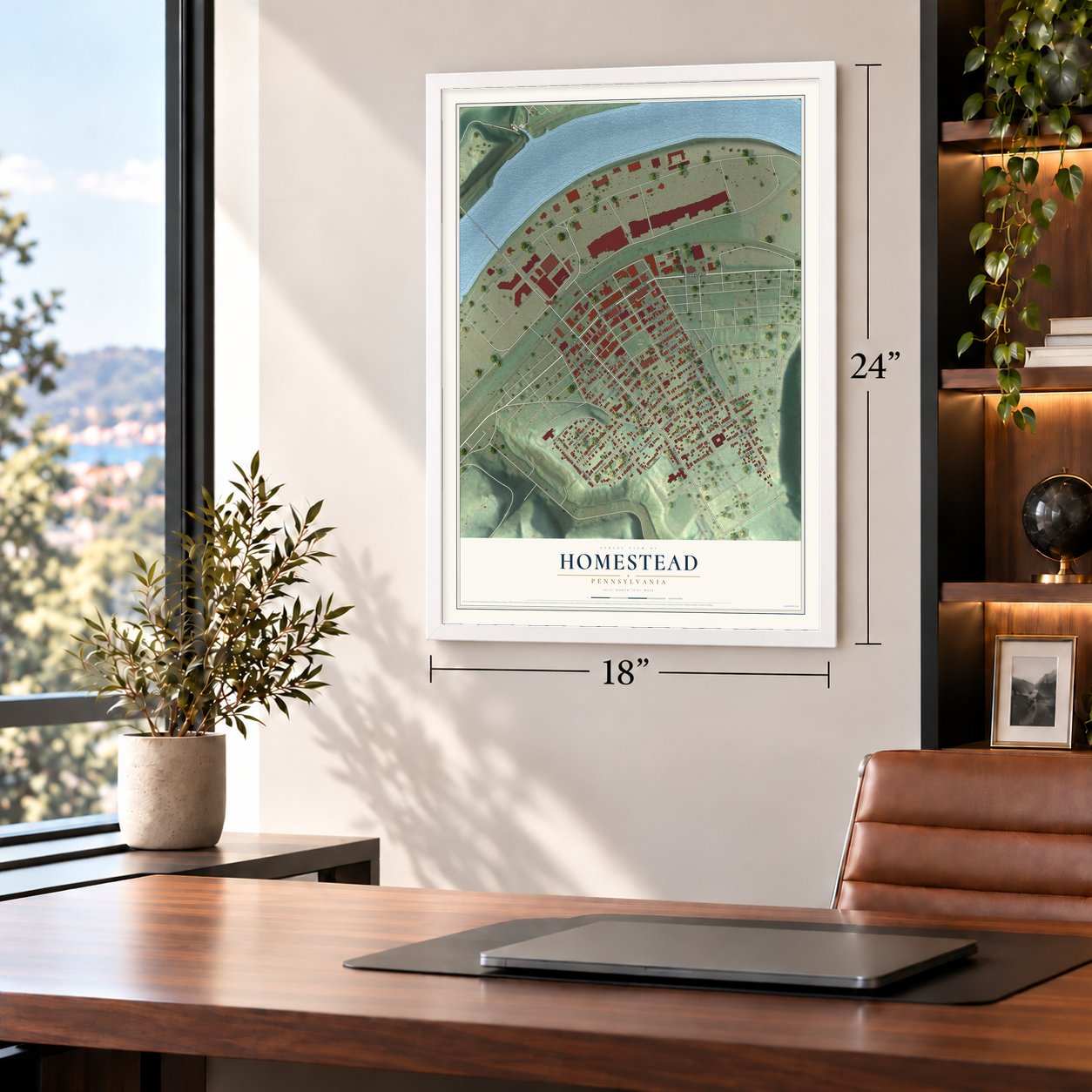 Homestead, Pennsylvania map, 18 x 24 inch print in a white frame in a home office