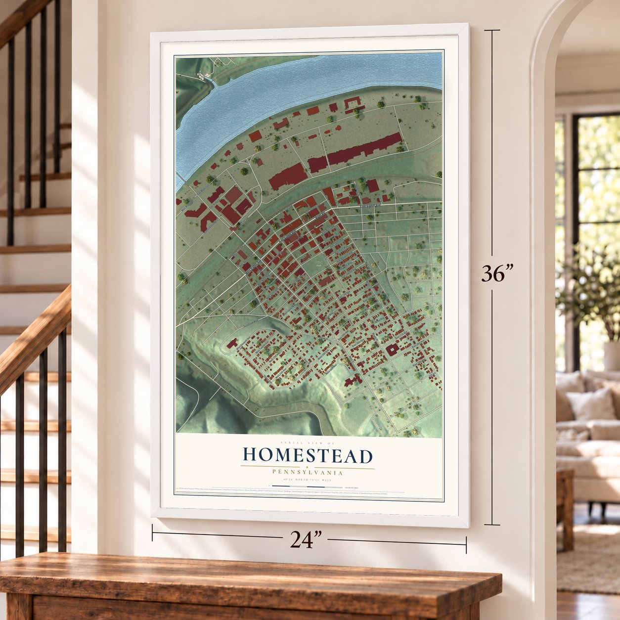 Homestead, Pennsylvania map, 24 x 36 inch print in a white frame by a staircase