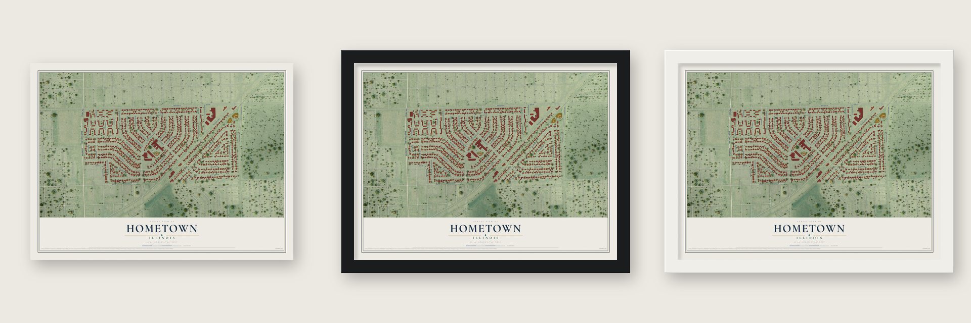 Hometown, Illinois map unframed, in a black wood frame and in a white wood frame