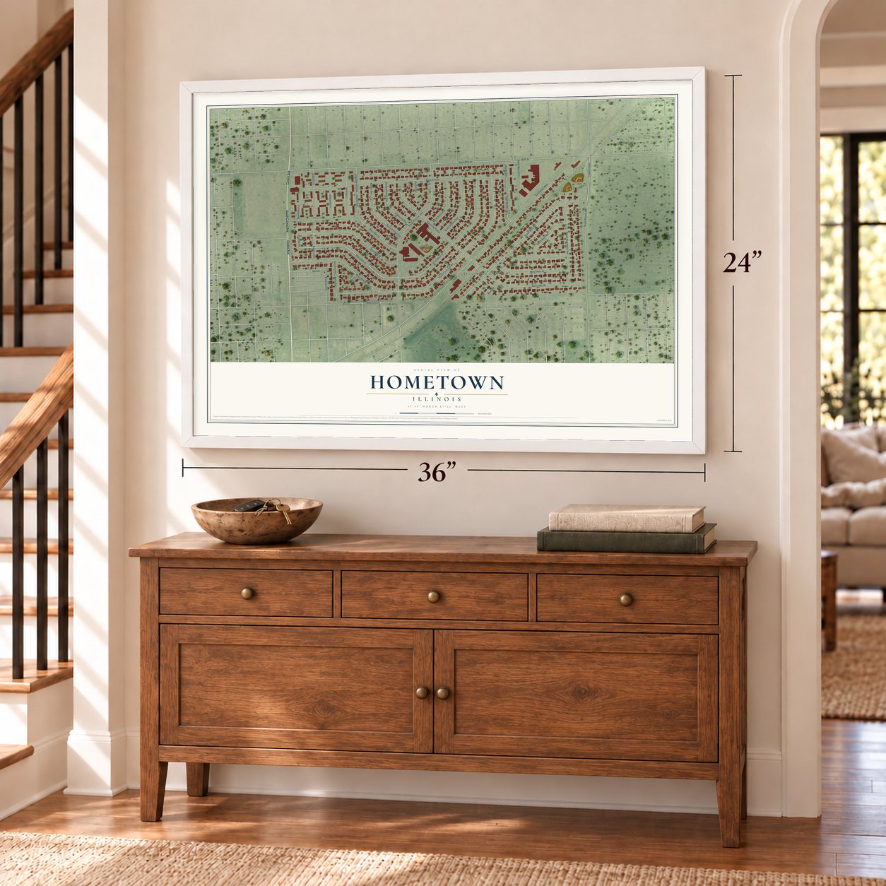 Hometown, Illinois map, 24 x 36 inch print in a white frame above a dresser by a staircase