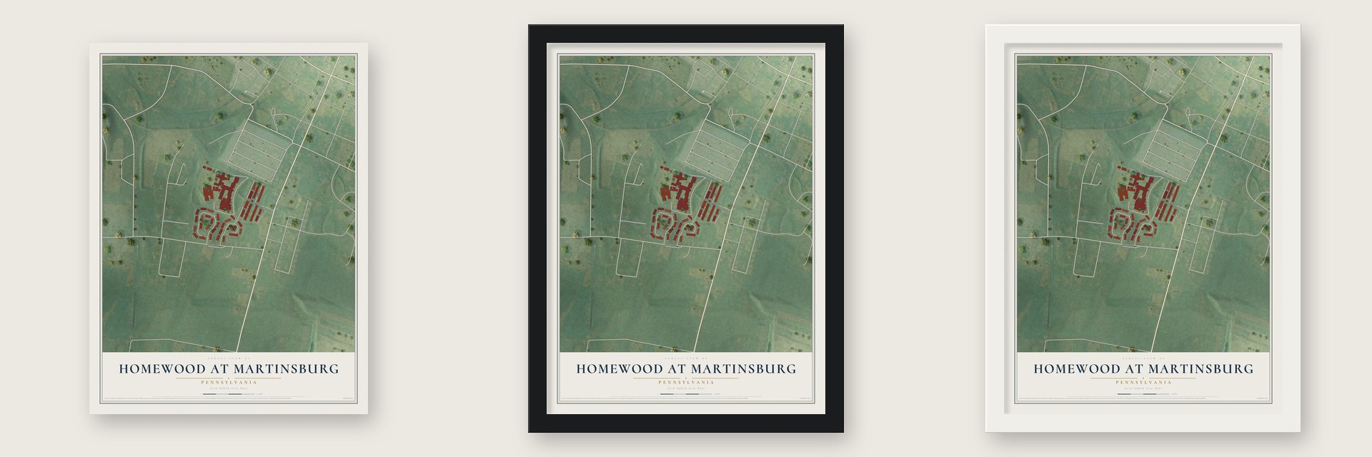 Homewood at Martinsburg, Pennsylvania map unframed, in a black wood frame and in a white wood frame