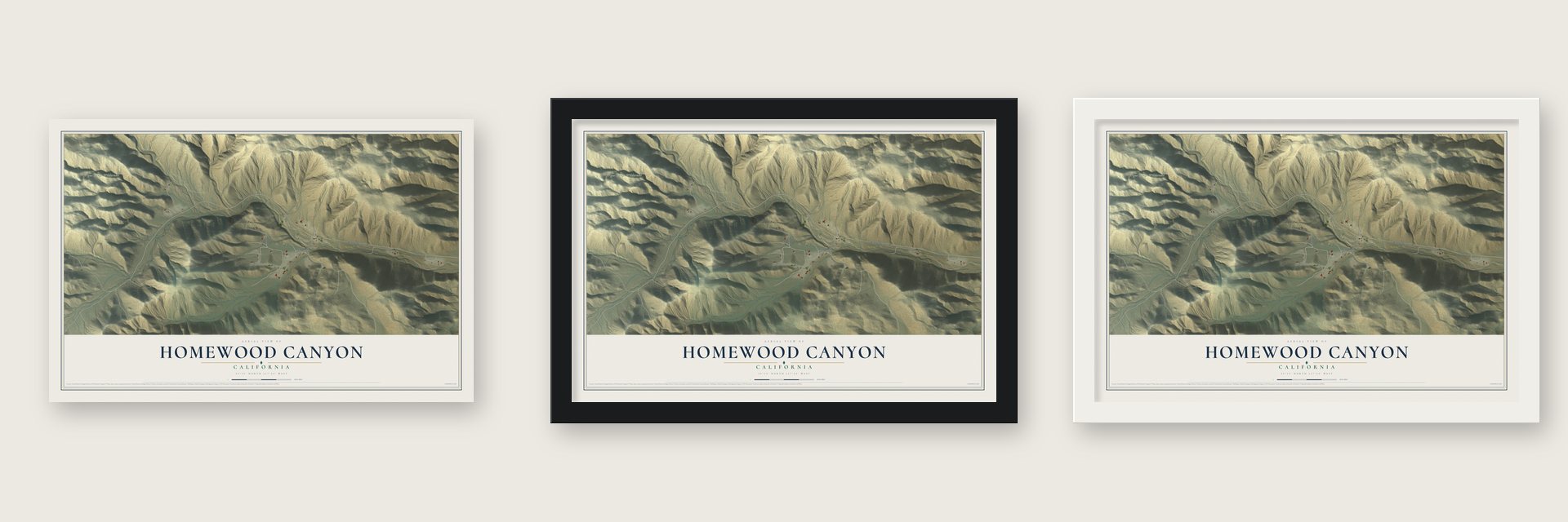 Homewood Canyon, California map unframed, in a black wood frame and in a white wood frame