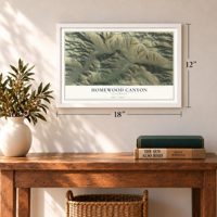 Homewood Canyon, California map, 12 x 18 inch print in a white frame in an entryway