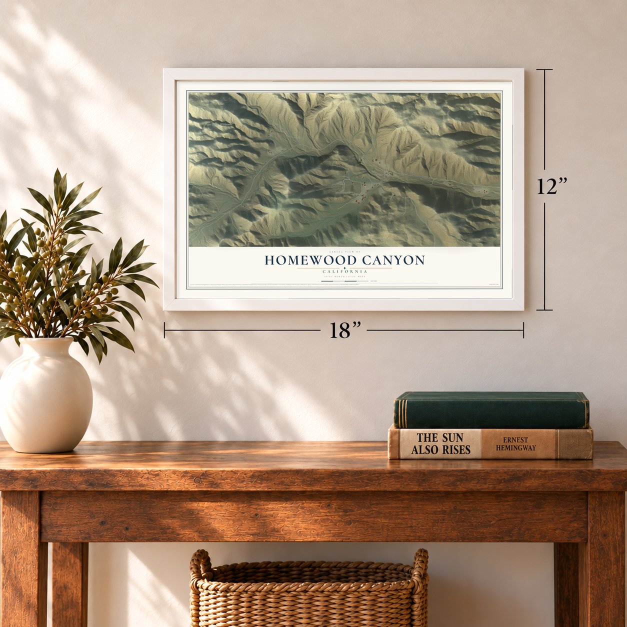 Homewood Canyon, California map, 12 x 18 inch print in a white frame in an entryway