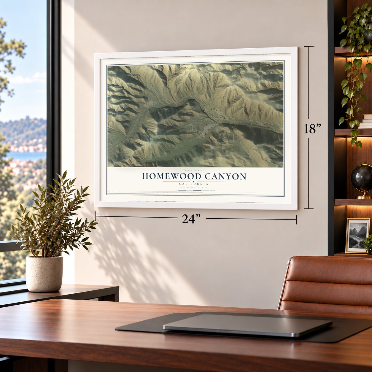 Homewood Canyon, California map, 18 x 24 inch print in a white frame in a home office