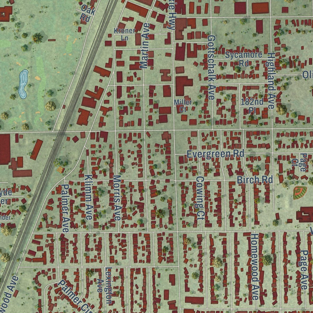 Second close-up of the map of Homewood, Illinois print showing more streets and buildings