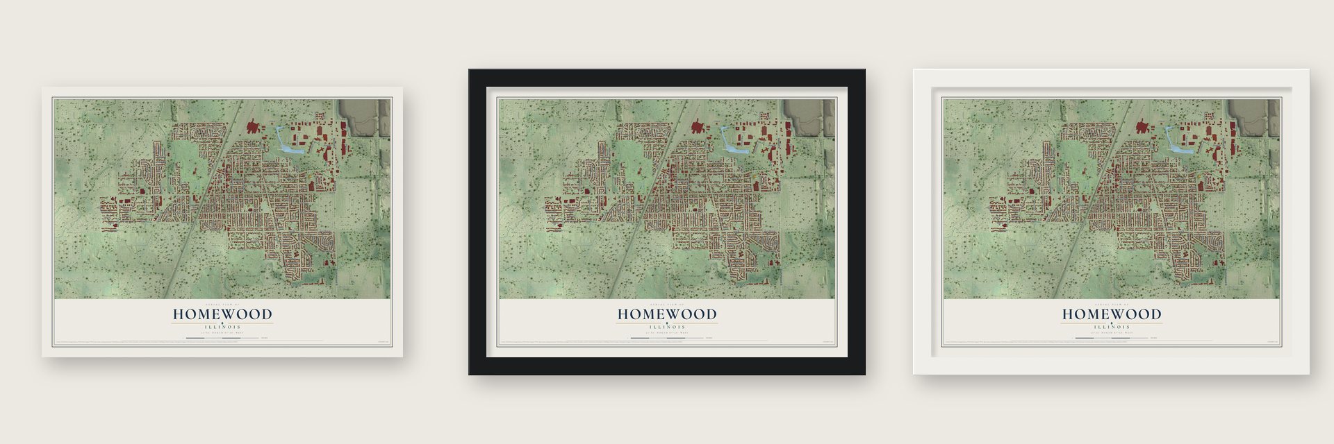 Homewood, Illinois map unframed, in a black wood frame and in a white wood frame