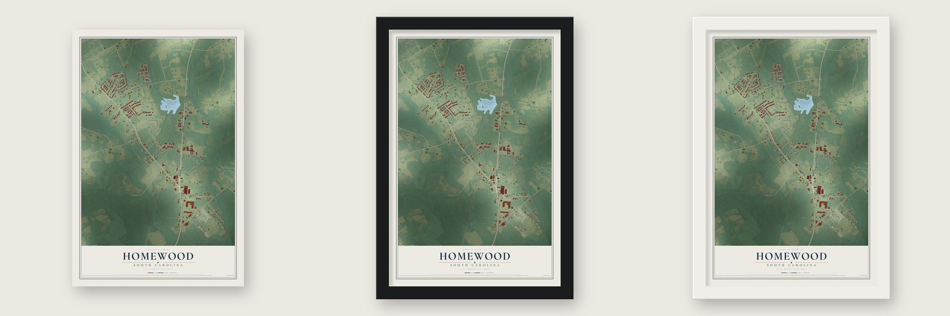 Homewood, South Carolina map unframed, in a black wood frame and in a white wood frame
