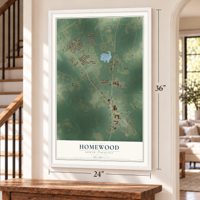 Homewood, South Carolina map, 24 x 36 inch print in a white frame by a staircase