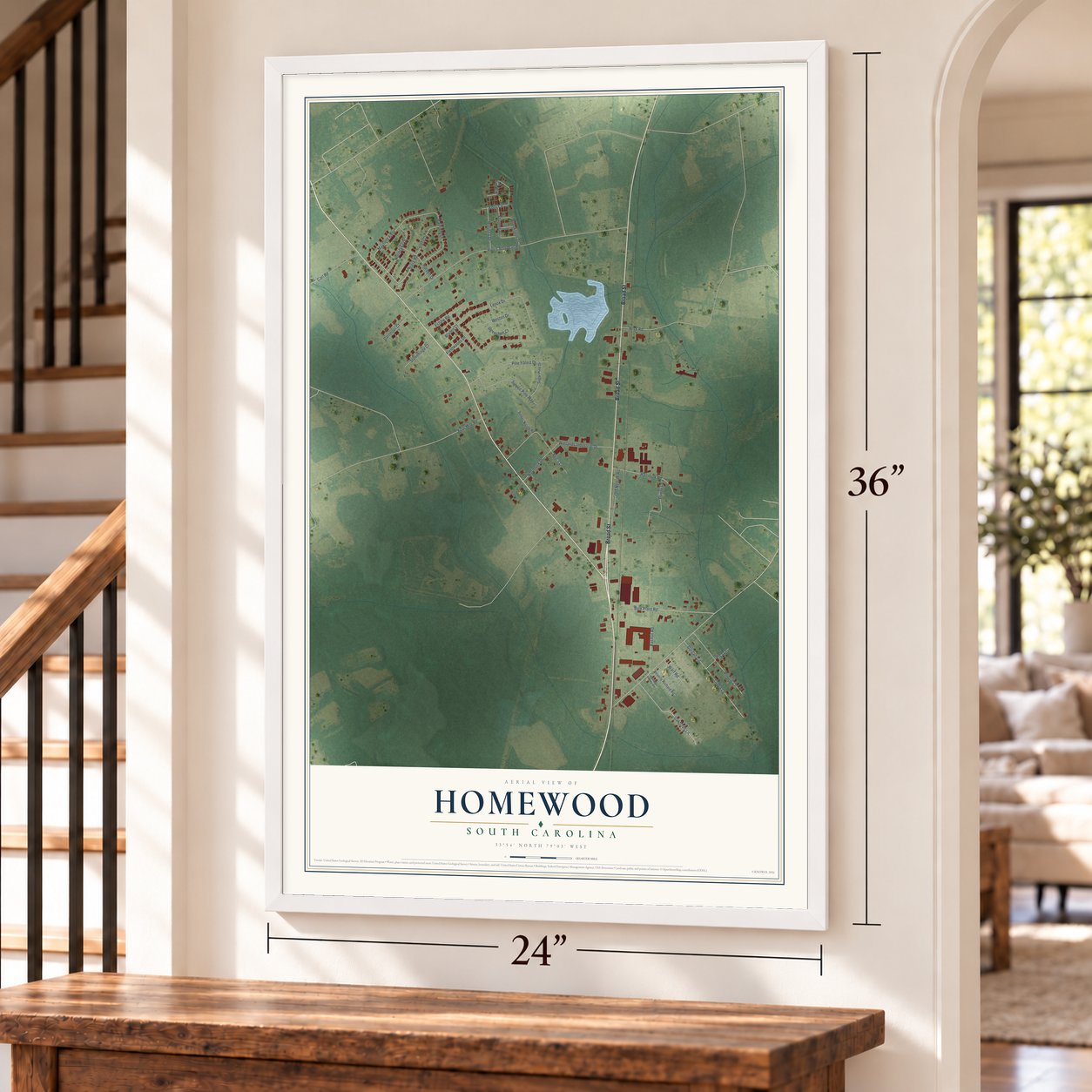 Homewood, South Carolina map, 24 x 36 inch print in a white frame by a staircase