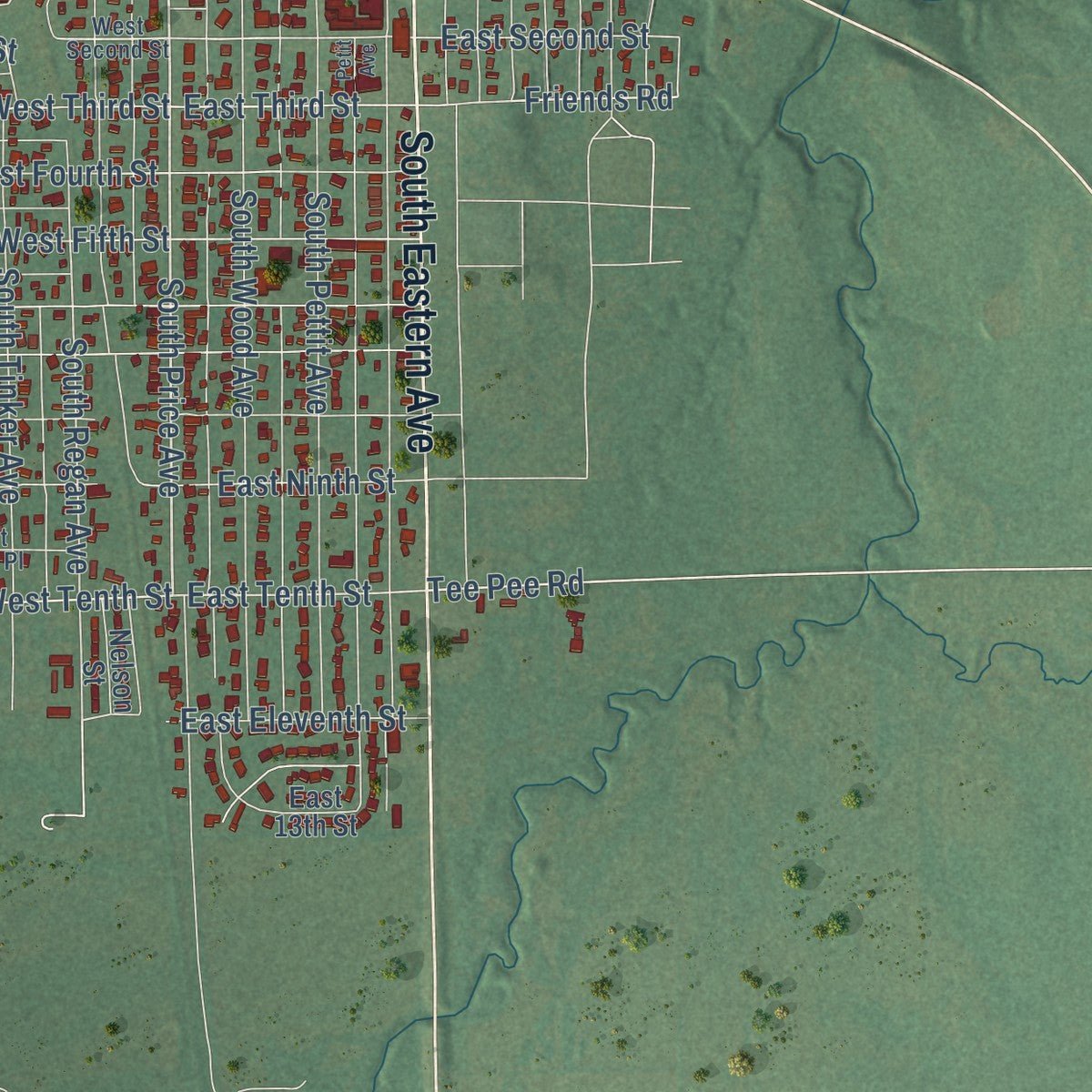 Second close-up of the map of Hominy, Oklahoma print showing more streets and buildings