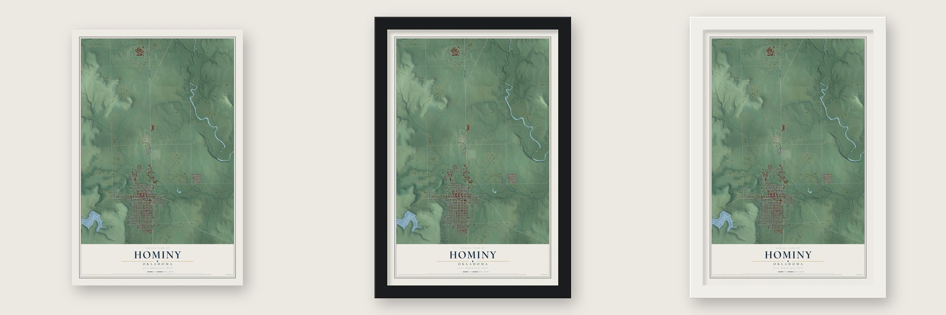 Hominy, Oklahoma map unframed, in a black wood frame and in a white wood frame
