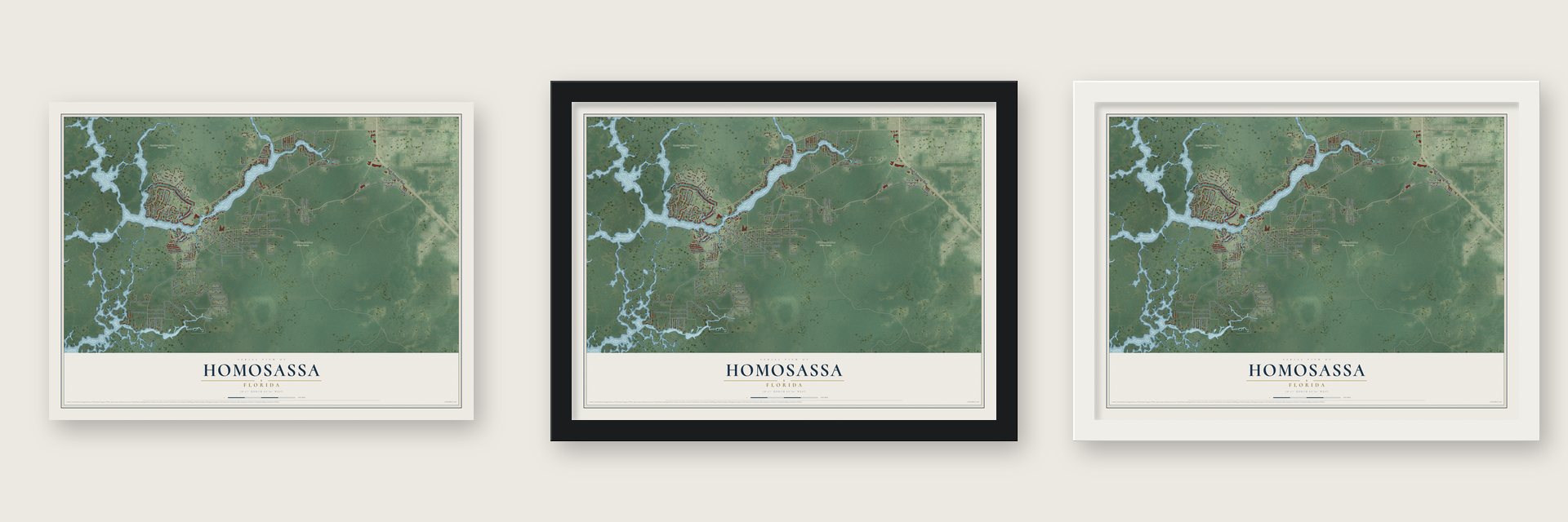 Homosassa, Florida map unframed, in a black wood frame and in a white wood frame