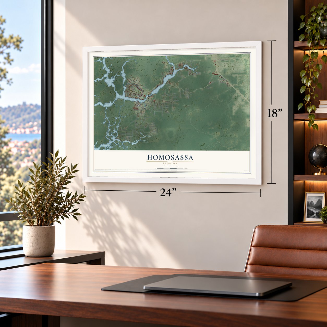 Homosassa, Florida map, 18 x 24 inch print in a white frame in a home office