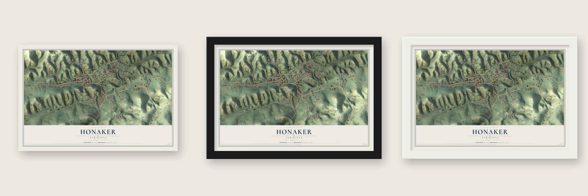 Honaker, Virginia map unframed, in a black wood frame and in a white wood frame
