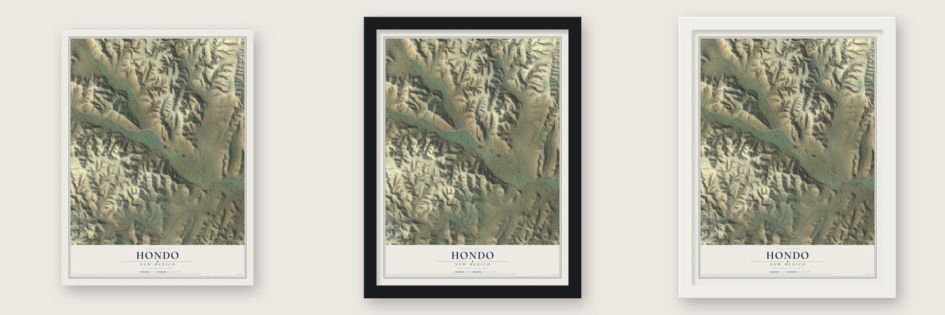 Hondo, New Mexico map unframed, in a black wood frame and in a white wood frame