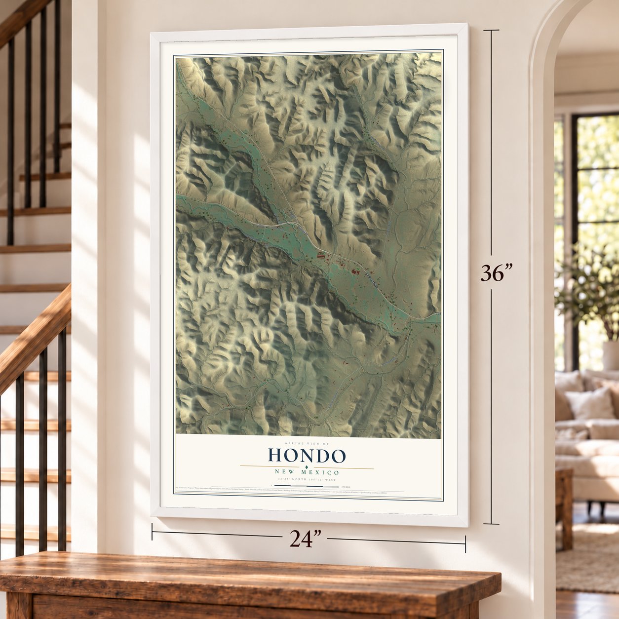 Hondo, New Mexico map, 24 x 36 inch print in a white frame by a staircase