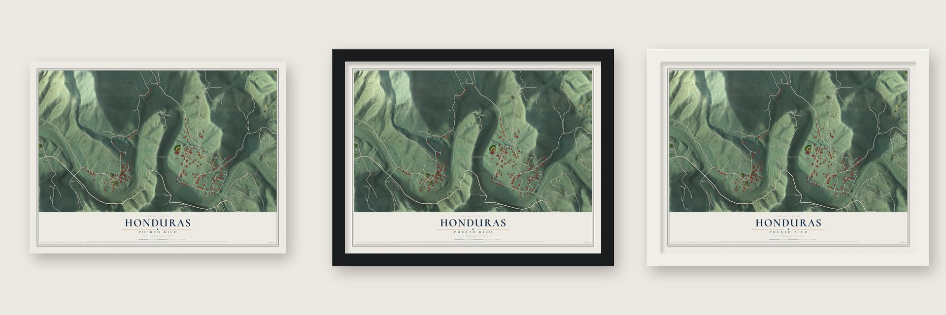 Honduras, Puerto Rico map unframed, in a black wood frame and in a white wood frame