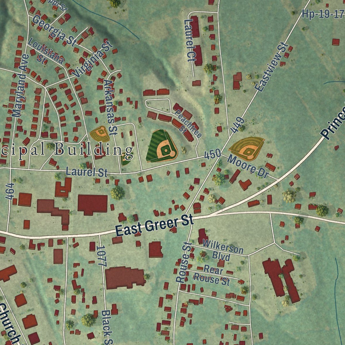 Second close-up of the map of Honea Path, South Carolina print showing more streets and buildings