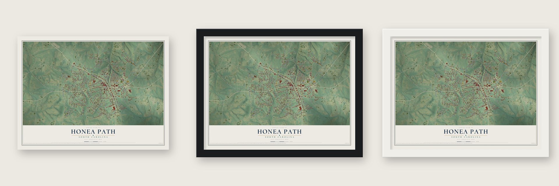 Honea Path, South Carolina map unframed, in a black wood frame and in a white wood frame
