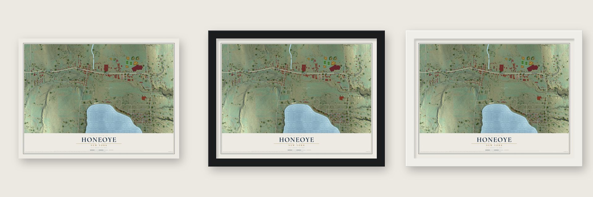 Honeoye, New York map unframed, in a black wood frame and in a white wood frame