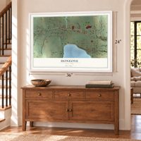 Honeoye, New York map, 24 x 36 inch print in a white frame above a dresser by a staircase