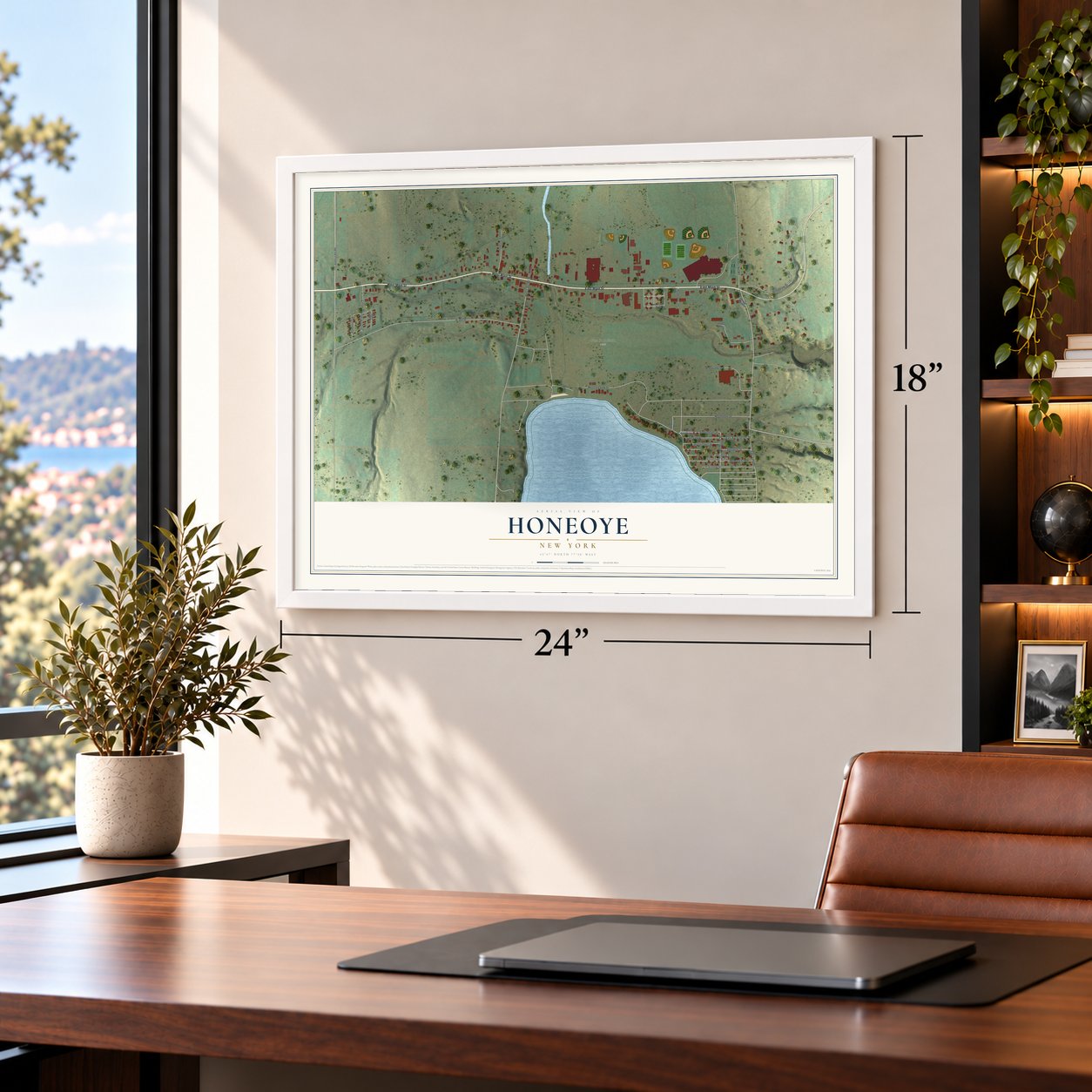 Honeoye, New York map, 18 x 24 inch print in a white frame in a home office