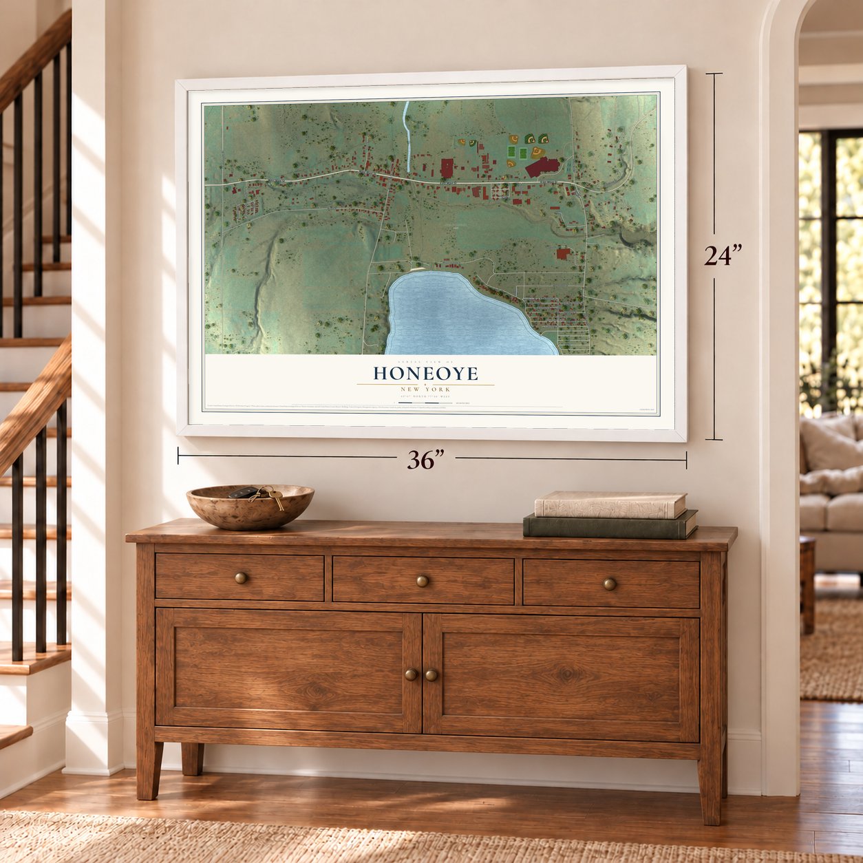 Honeoye, New York map, 24 x 36 inch print in a white frame above a dresser by a staircase