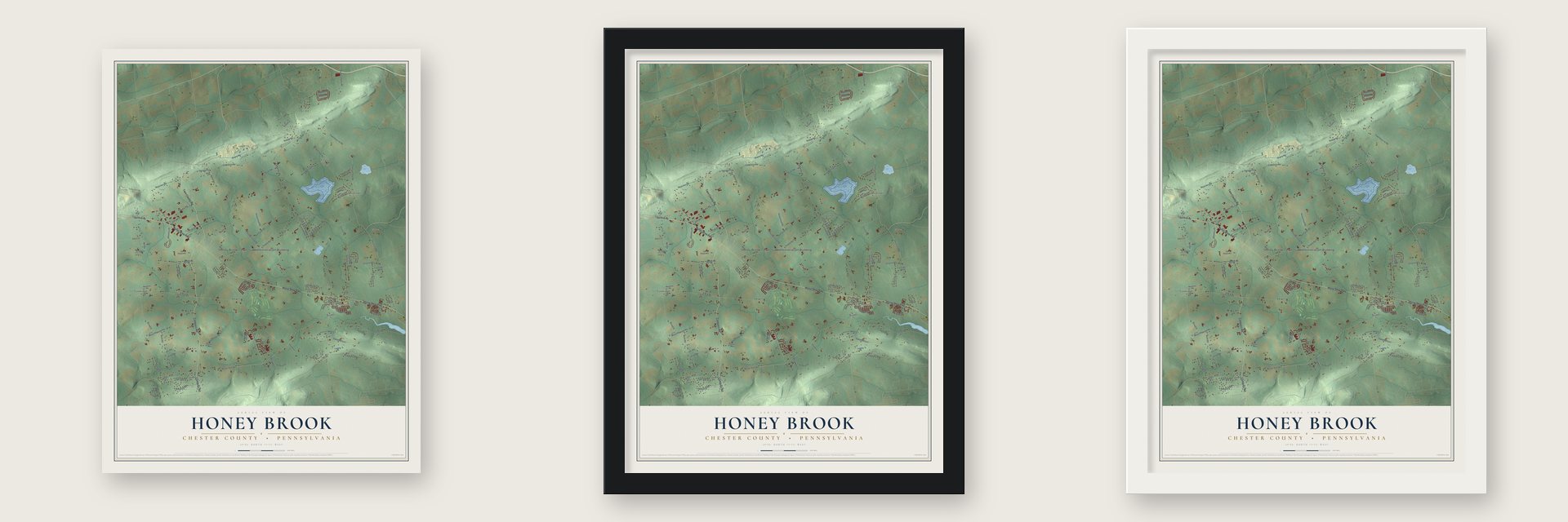 Honey Brook, Chester County, Pennsylvania map unframed, in a black wood frame and in a white wood frame