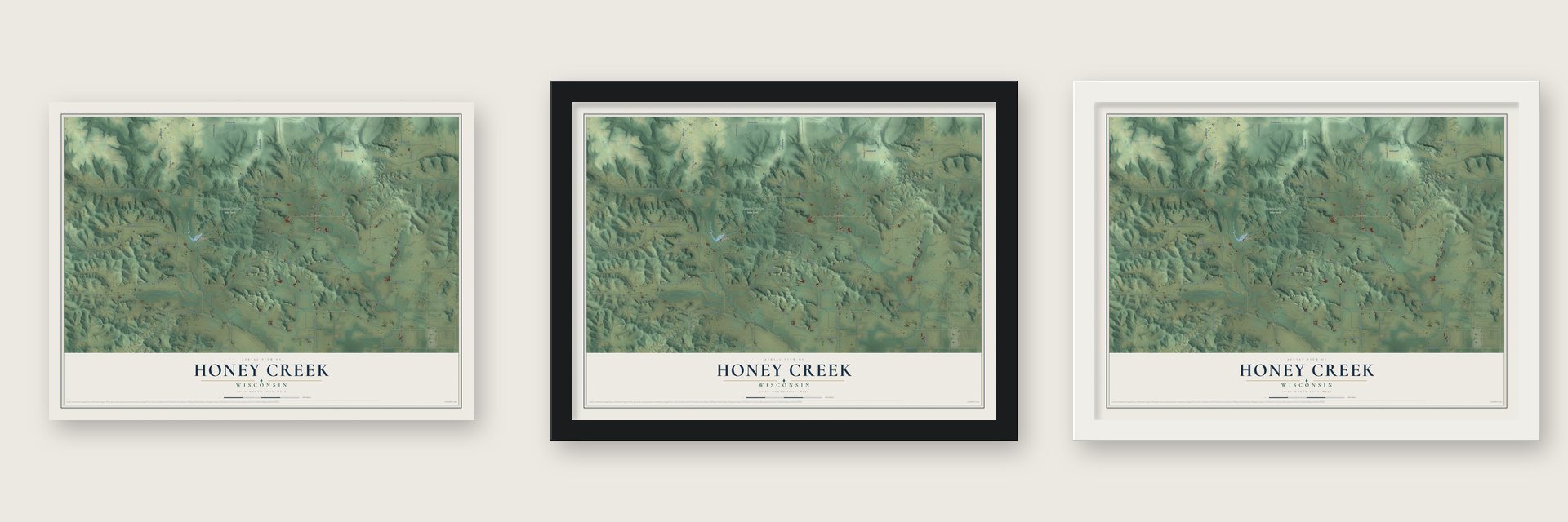 Honey Creek, Wisconsin map unframed, in a black wood frame and in a white wood frame
