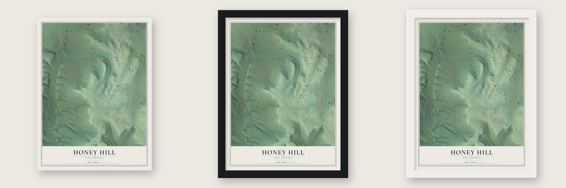 Honey Hill, Oklahoma map unframed, in a black wood frame and in a white wood frame