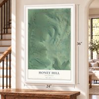 Honey Hill, Oklahoma map, 24 x 36 inch print in a white frame by a staircase