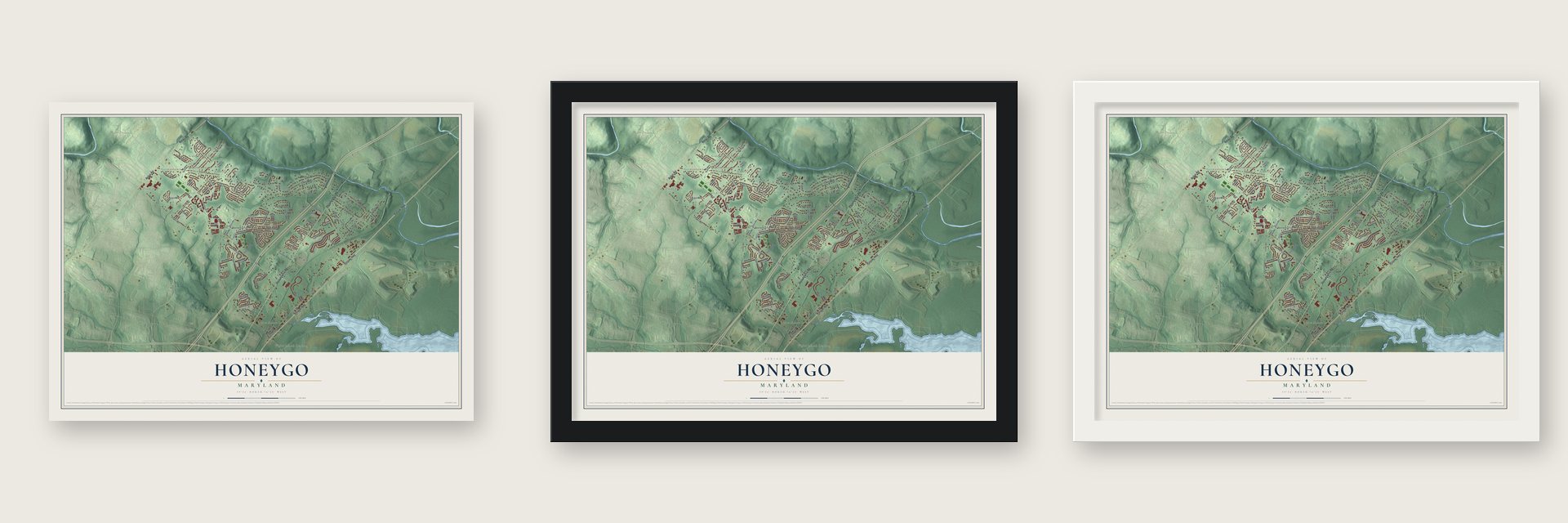 Honeygo, Maryland map unframed, in a black wood frame and in a white wood frame