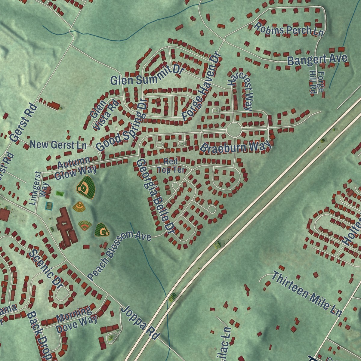 Second close-up of the map of Honeygo, Maryland print showing more streets and buildings