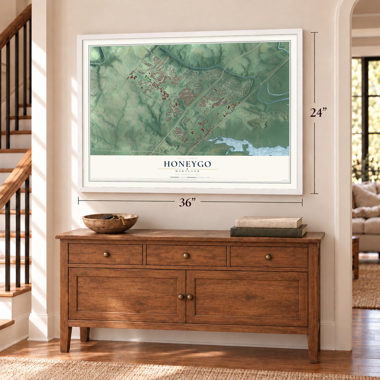 Honeygo, Maryland map, 24 x 36 inch print in a white frame above a dresser by a staircase